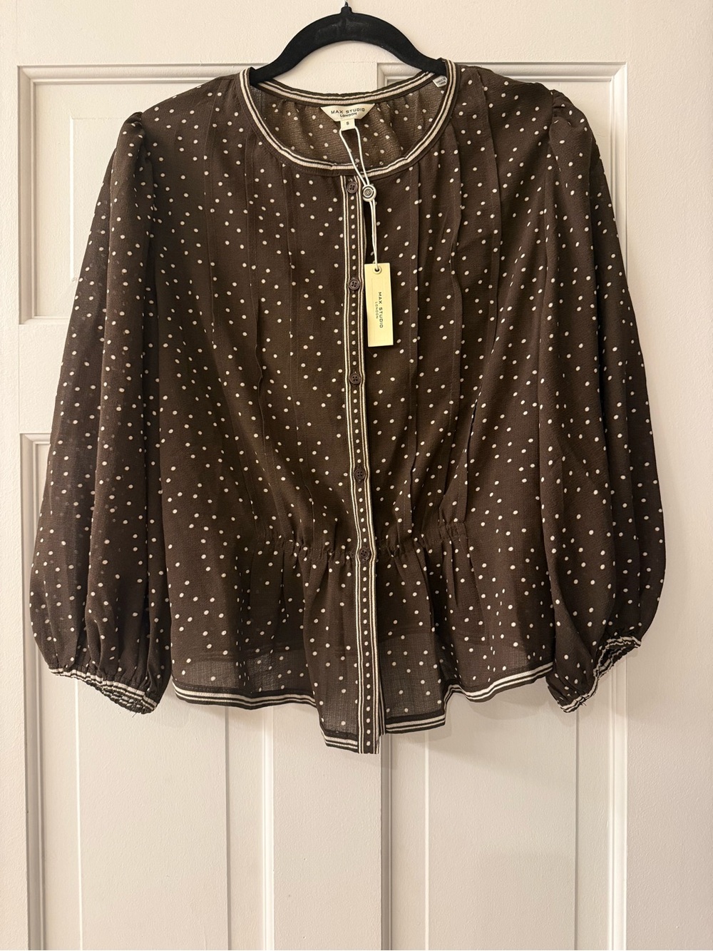 NWT Max Studio London Brown Polka Dot Puff Sleeve Peplum Blouse S